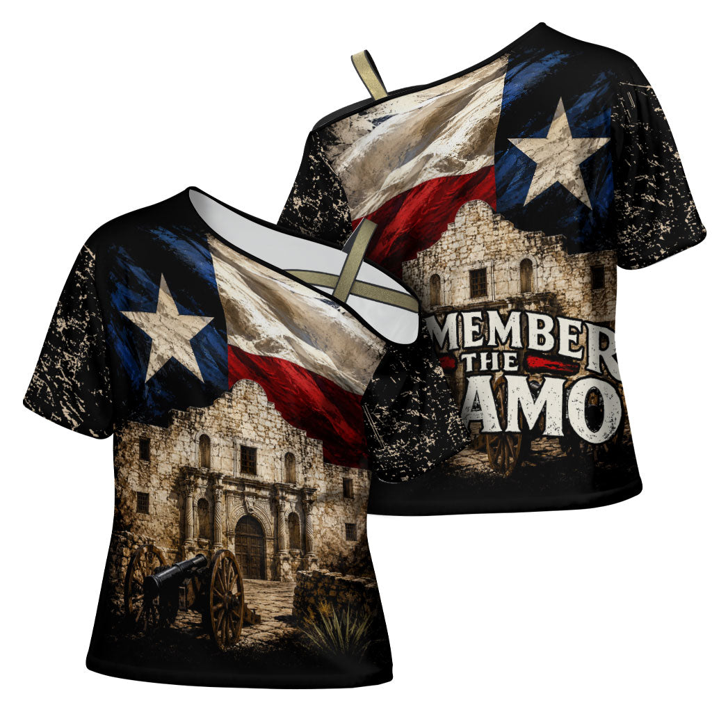 Remember The Alamo Texas Flag Cross Shoulder Shirt Distressed Historical Texan Pride