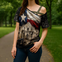 Remember The Alamo Texas Flag Cross Shoulder Shirt Distressed Historical Texan Pride
