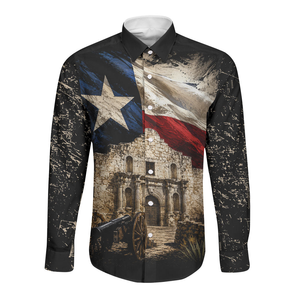 Remember The Alamo Texas Flag Long Sleeve Button Shirt Distressed Historical Texan Pride