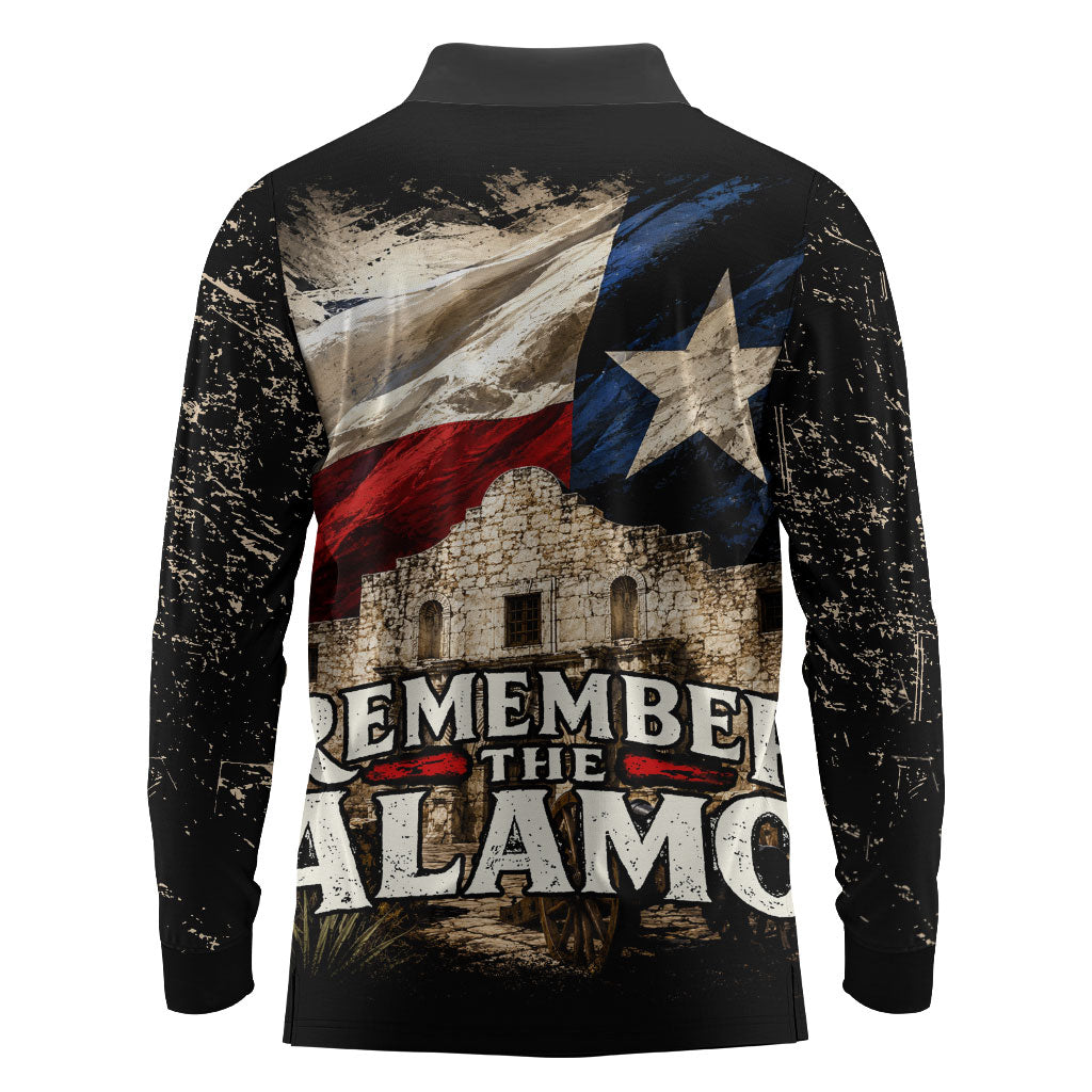 Remember The Alamo Texas Flag Long Sleeve Polo Shirt Distressed Historical Texan Pride
