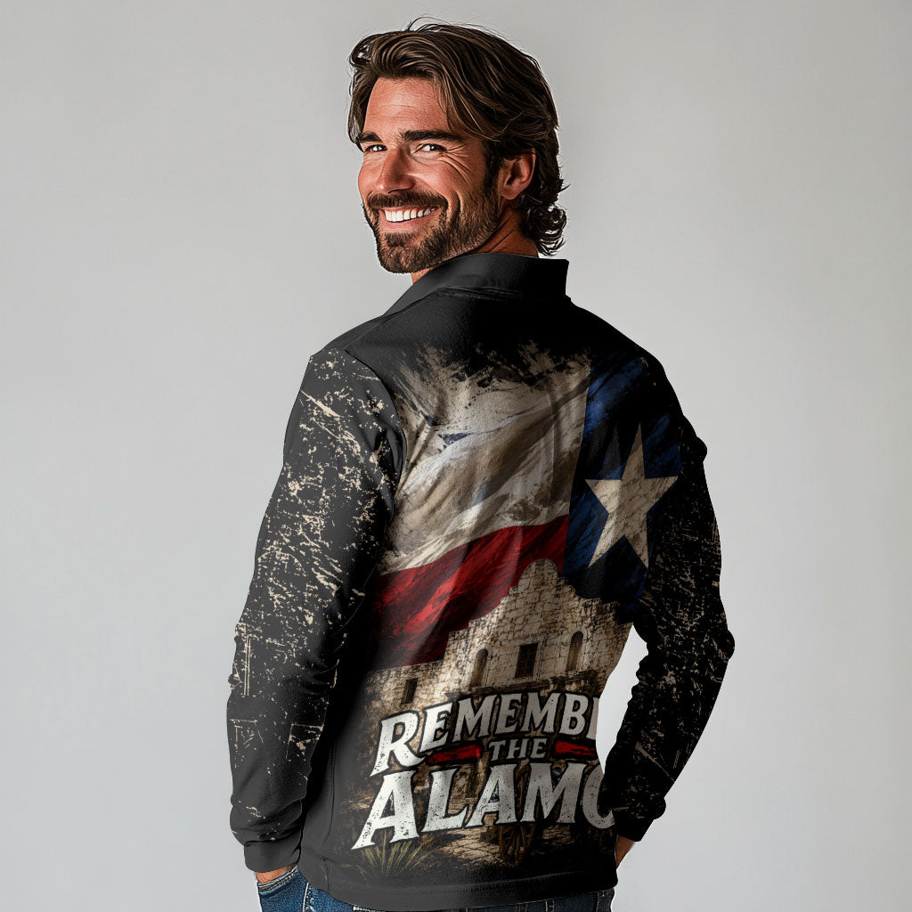 Remember The Alamo Texas Flag Long Sleeve Polo Shirt Distressed Historical Texan Pride