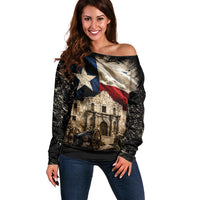 Remember The Alamo Texas Flag Off Shoulder Sweater Distressed Historical Texan Pride