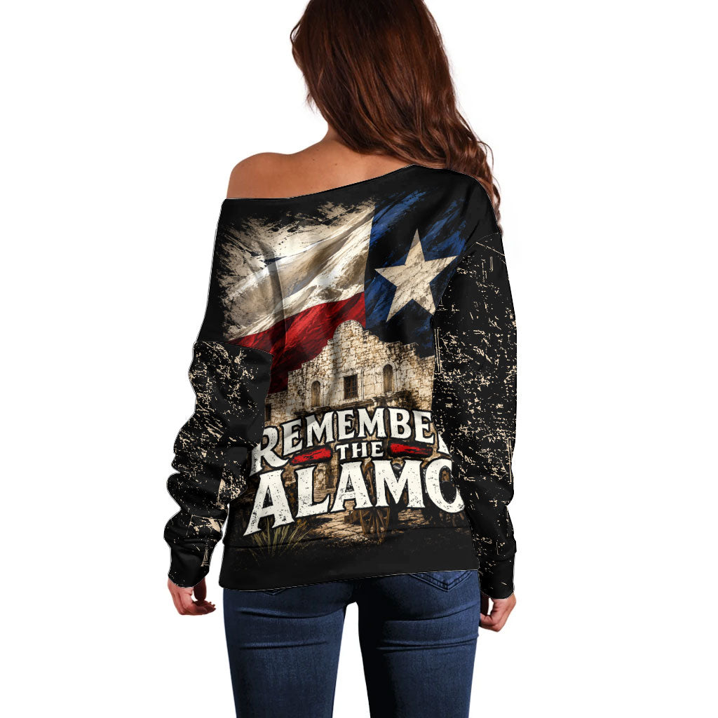 Remember The Alamo Texas Flag Off Shoulder Sweater Distressed Historical Texan Pride