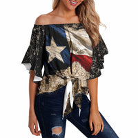 Remember The Alamo Texas Flag Off Shoulder Wrap Waist Top Distressed Historical Texan Pride