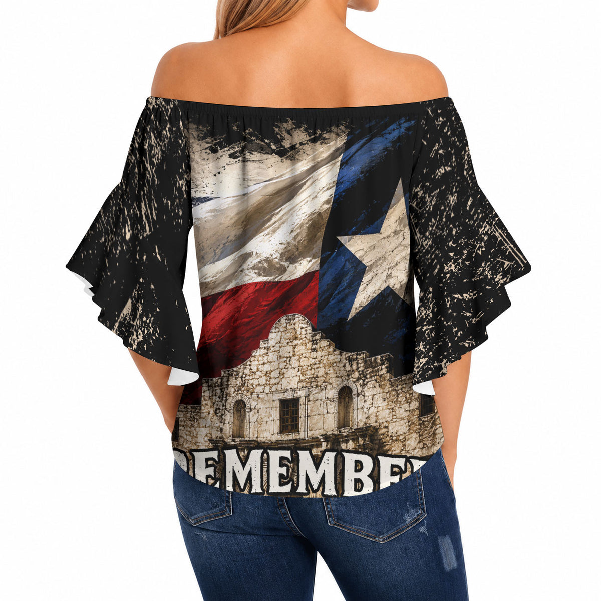Remember The Alamo Texas Flag Off Shoulder Wrap Waist Top Distressed Historical Texan Pride