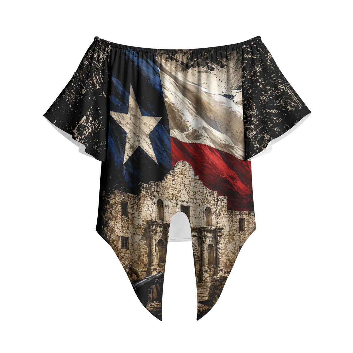 Remember The Alamo Texas Flag Off Shoulder Wrap Waist Top Distressed Historical Texan Pride