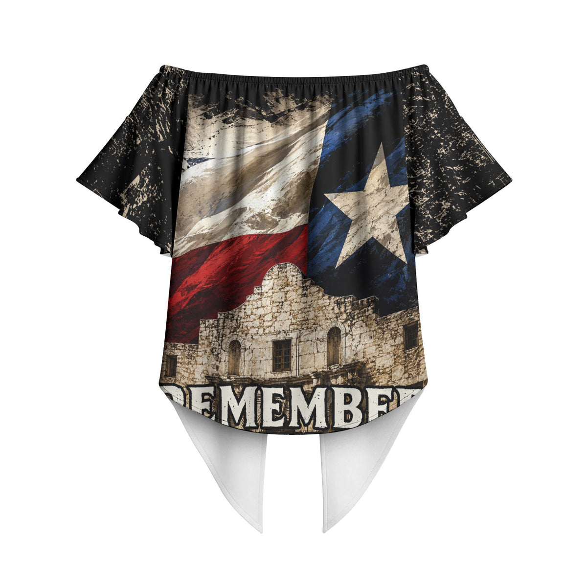 Remember The Alamo Texas Flag Off Shoulder Wrap Waist Top Distressed Historical Texan Pride