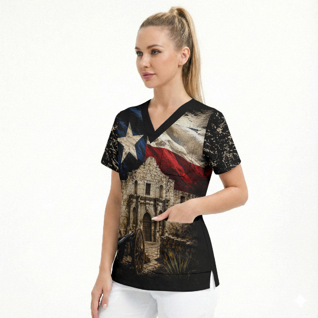 Remember The Alamo Texas Flag Scrub Top Distressed Historical Texan Pride