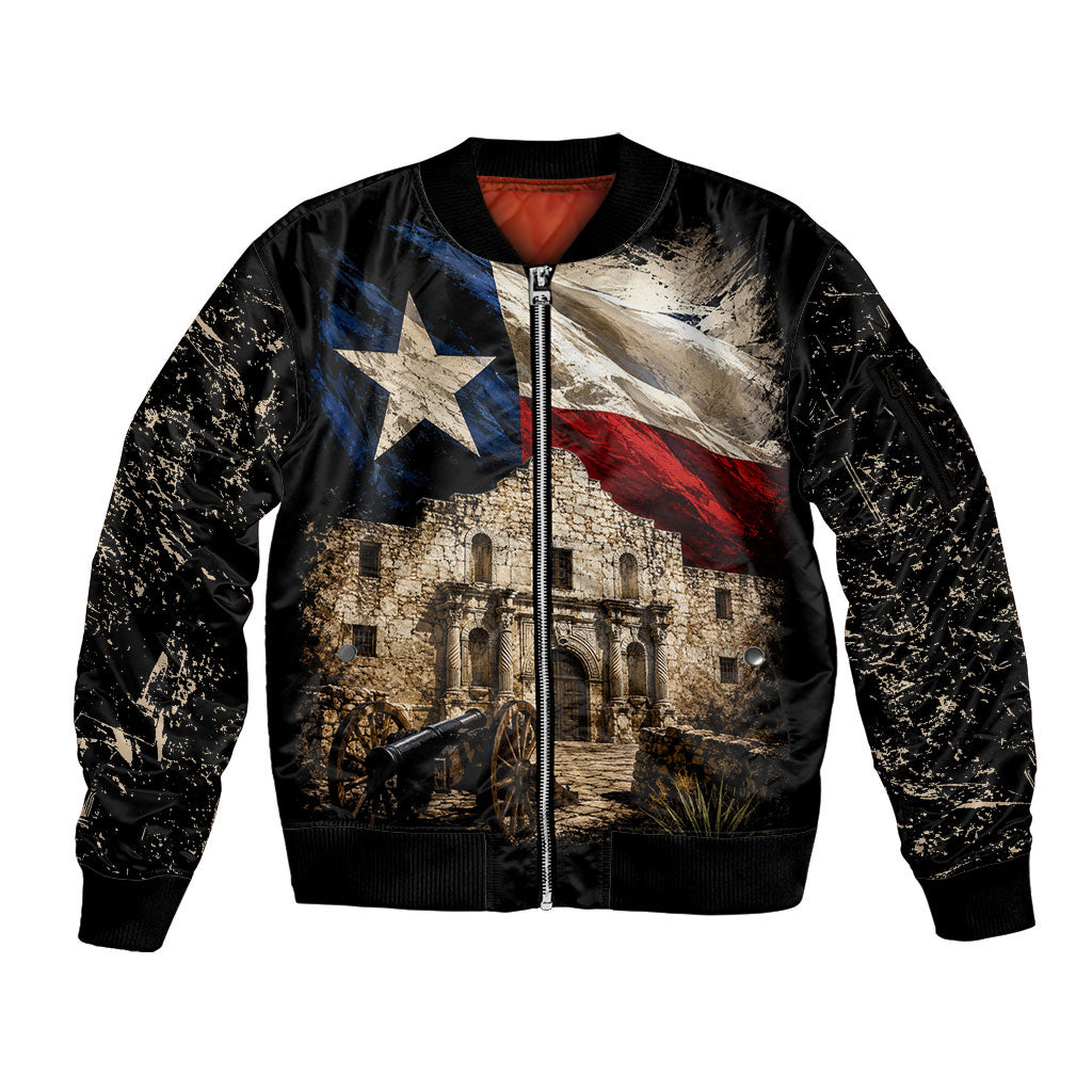 Remember The Alamo Texas Flag Sleeve Zip Bomber Jacket Distressed Historical Texan Pride