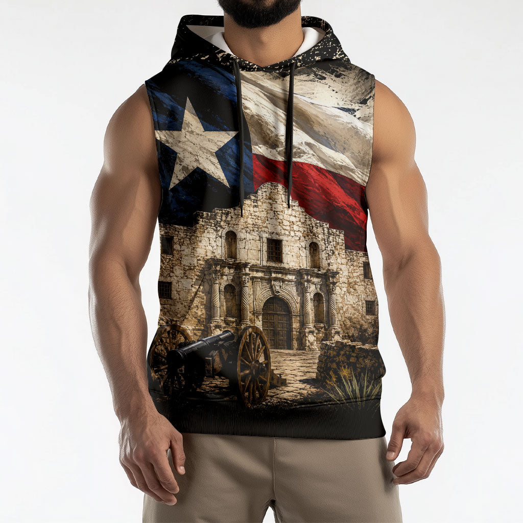 Remember The Alamo Texas Flag Sleeveless Hoodie Distressed Historical Texan Pride
