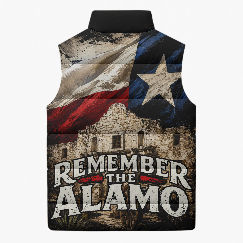 Remember The Alamo Texas Flag Sleeveless Puffer Jacket Distressed Historical Texan Pride