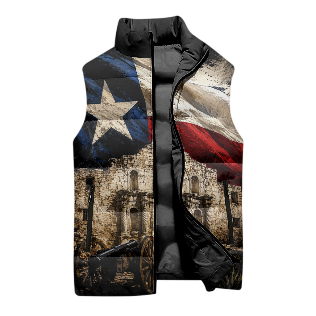 Remember The Alamo Texas Flag Sleeveless Puffer Jacket Distressed Historical Texan Pride
