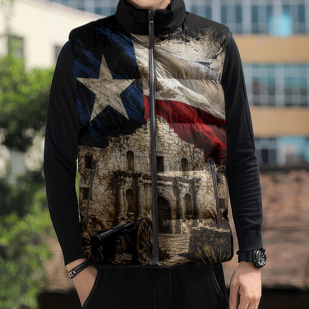 Remember The Alamo Texas Flag Sleeveless Puffer Jacket Distressed Historical Texan Pride