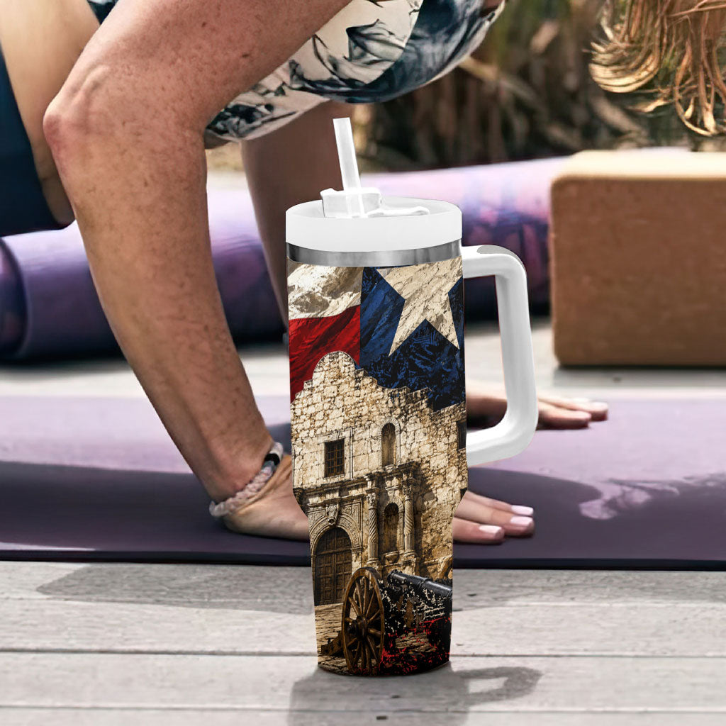 Remember The Alamo Texas Flag Tumbler With Handle Distressed Historical Texan Pride