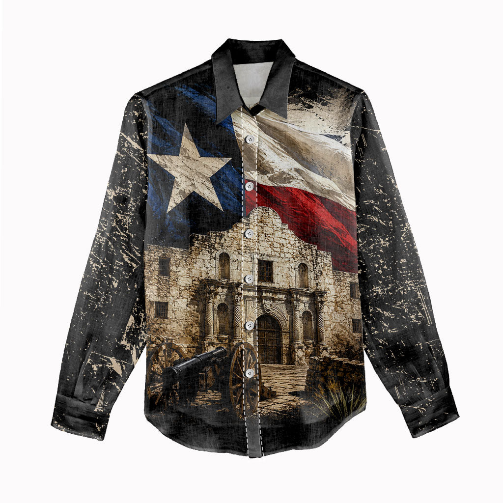 Remember The Alamo Texas Flag Women Casual Shirt Distressed Historical Texan Pride