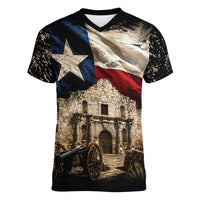Remember The Alamo Texas Flag Women V-Neck T-Shirt Distressed Historical Texan Pride