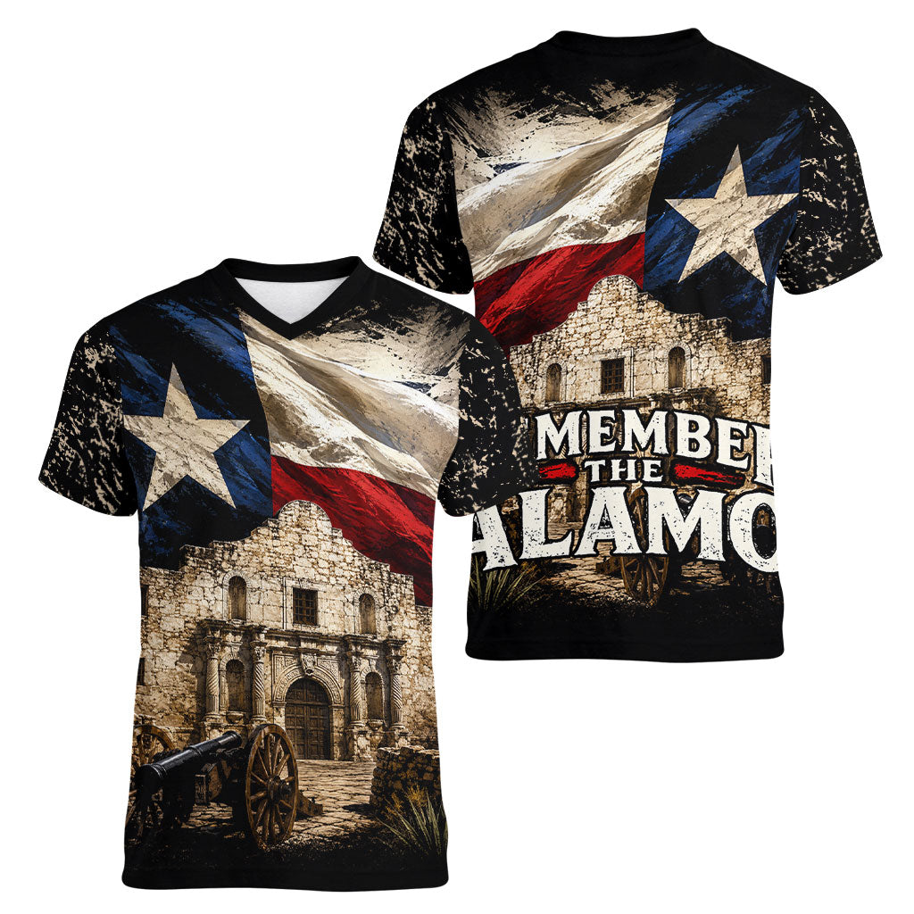 Remember The Alamo Texas Flag Women V-Neck T-Shirt Distressed Historical Texan Pride