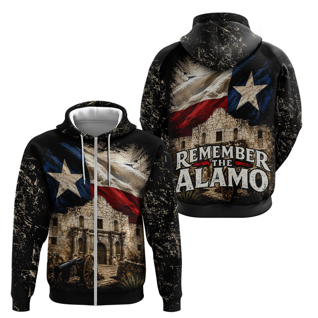 Remember The Alamo Texas Flag Zip Hoodie Distressed Historical Texan Pride