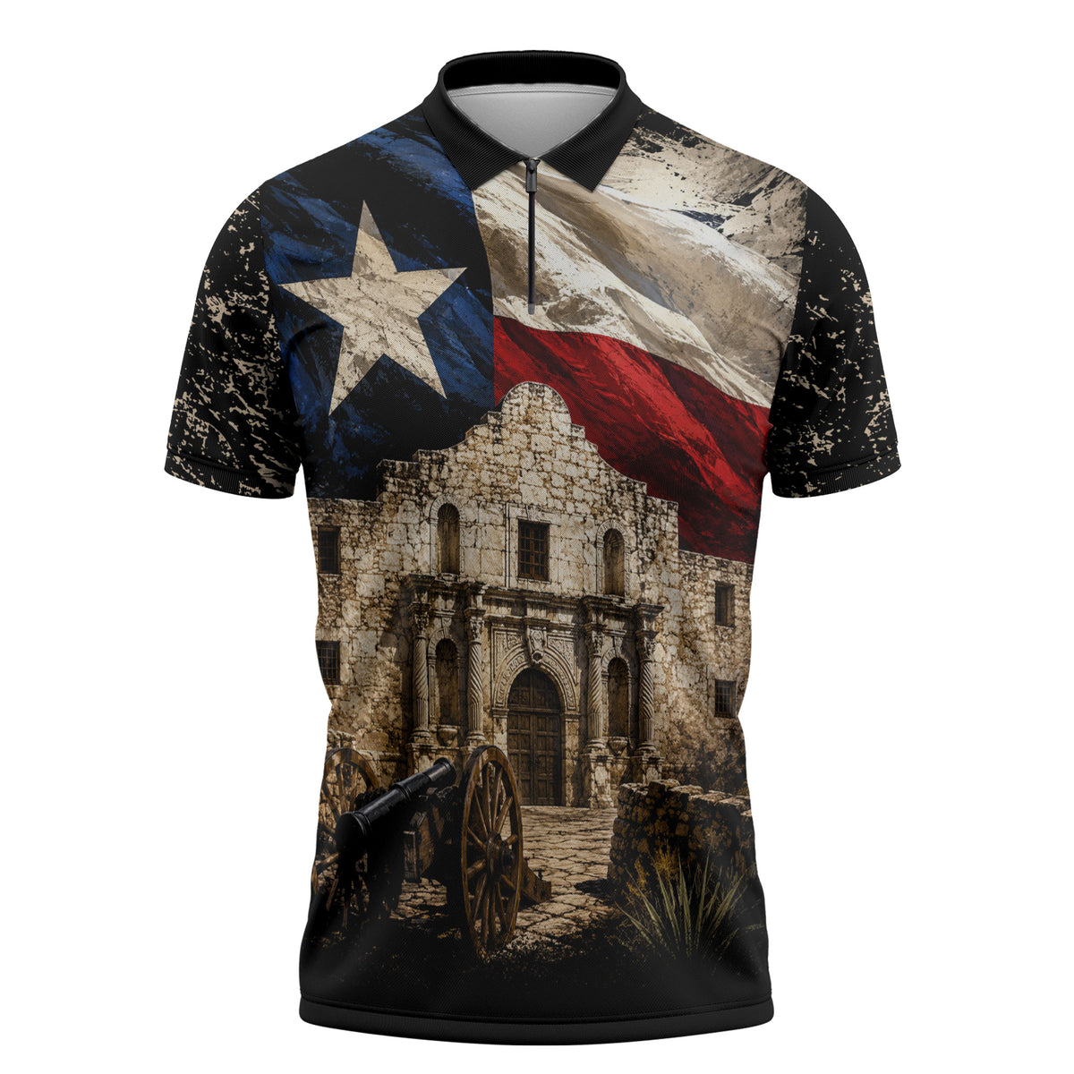 Remember The Alamo Texas Flag Zipper Polo Shirt Distressed Historical Texan Pride