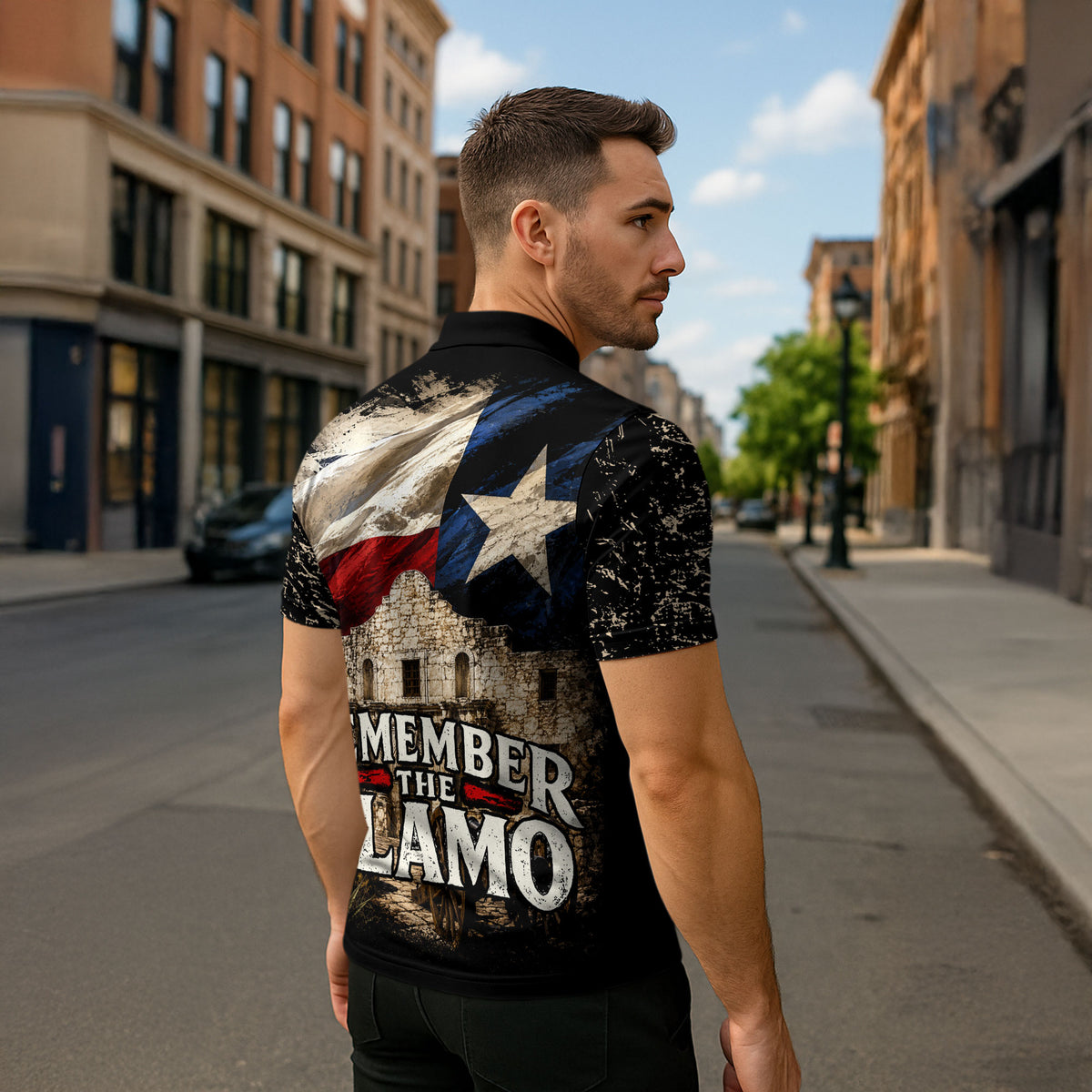 Remember The Alamo Texas Flag Zipper Polo Shirt Distressed Historical Texan Pride