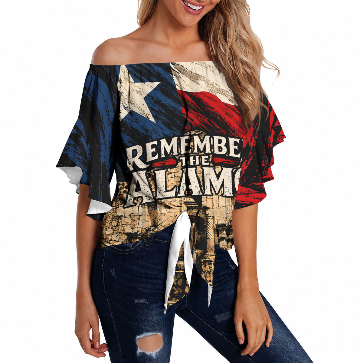 Remember The Alamo Texas Off Shoulder Wrap Waist Top Texan Pride Historical Heritage