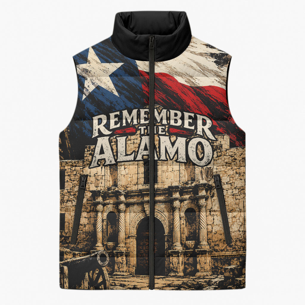 Remember The Alamo Texas Sleeveless Puffer Jacket Texan Pride Historical Heritage
