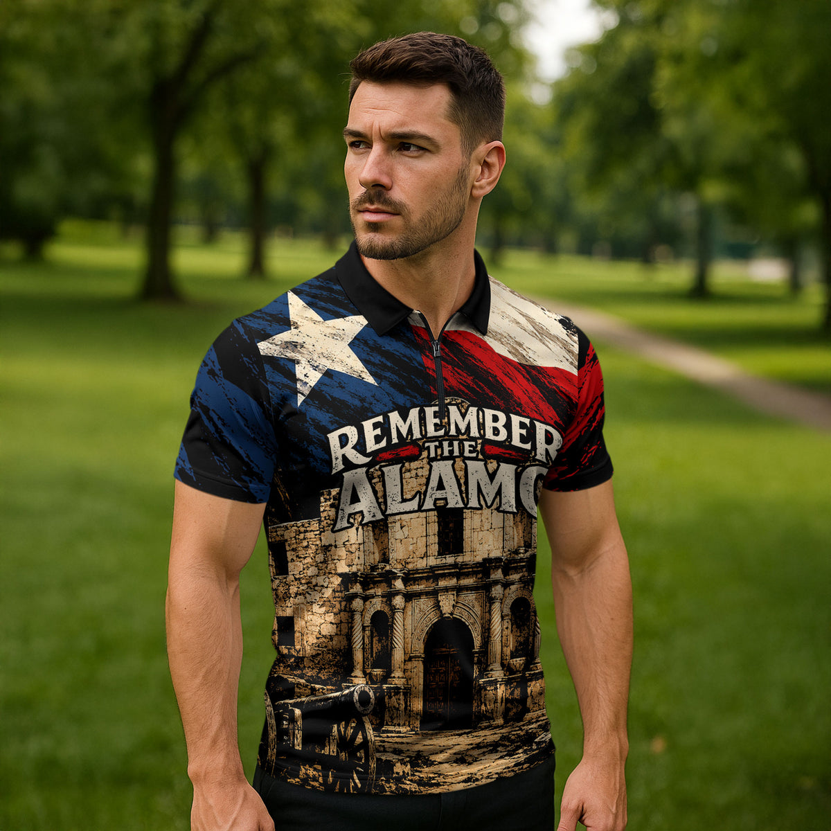 Remember The Alamo Texas Zipper Polo Shirt Texan Pride Historical Heritage