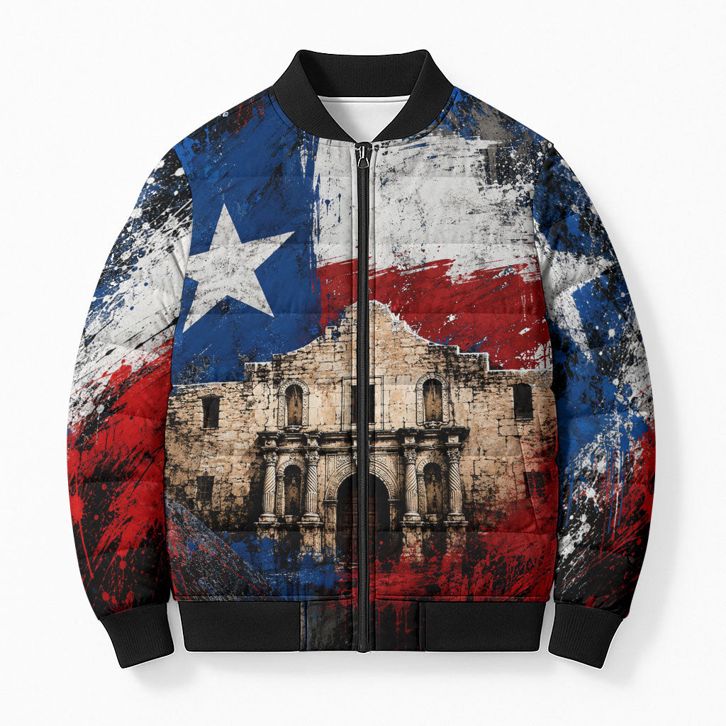 Texas Remember The Alamo Bomber Puffer Jacket Distressed Splatter Paint Texan Pride