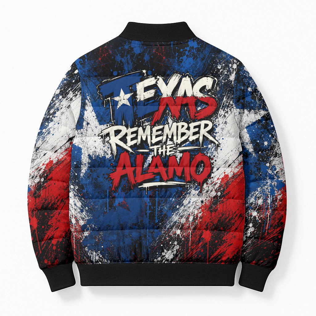 Texas Remember The Alamo Bomber Puffer Jacket Distressed Splatter Paint Texan Pride