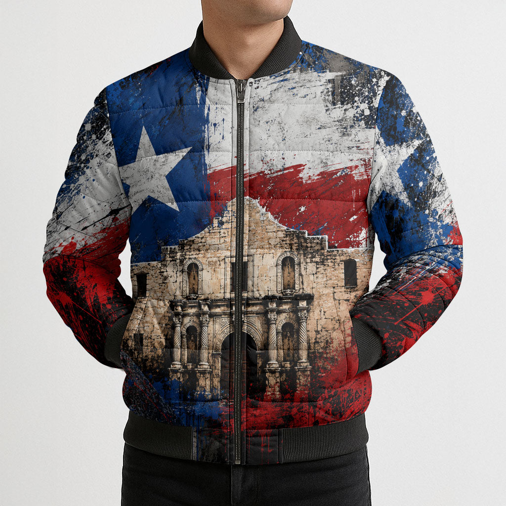 Texas Remember The Alamo Bomber Puffer Jacket Distressed Splatter Paint Texan Pride