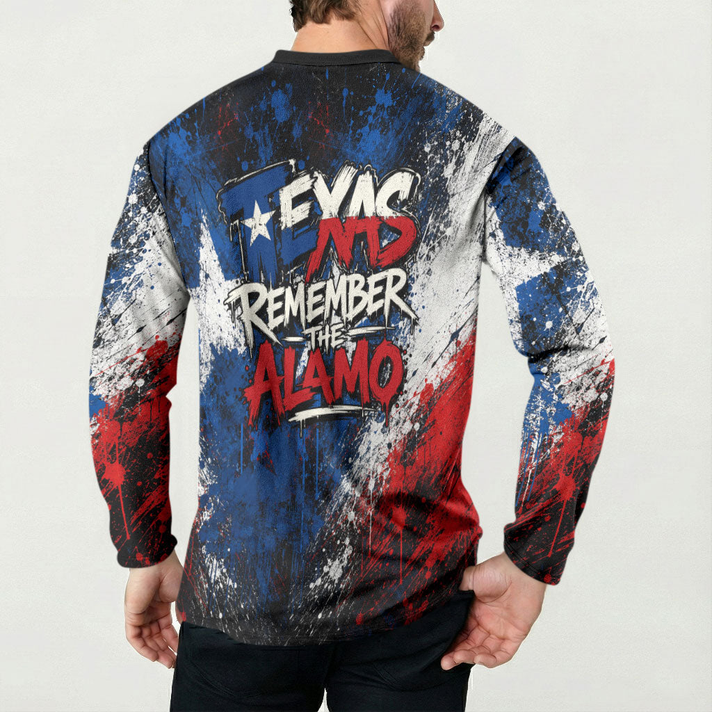 Texas Remember The Alamo Button Sweatshirt Distressed Splatter Paint Texan Pride