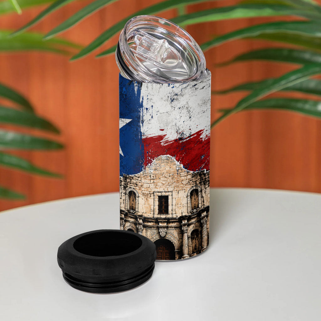 Texas Remember The Alamo 4 in 1 Can Cooler Tumbler Distressed Splatter Paint Texan Pride
