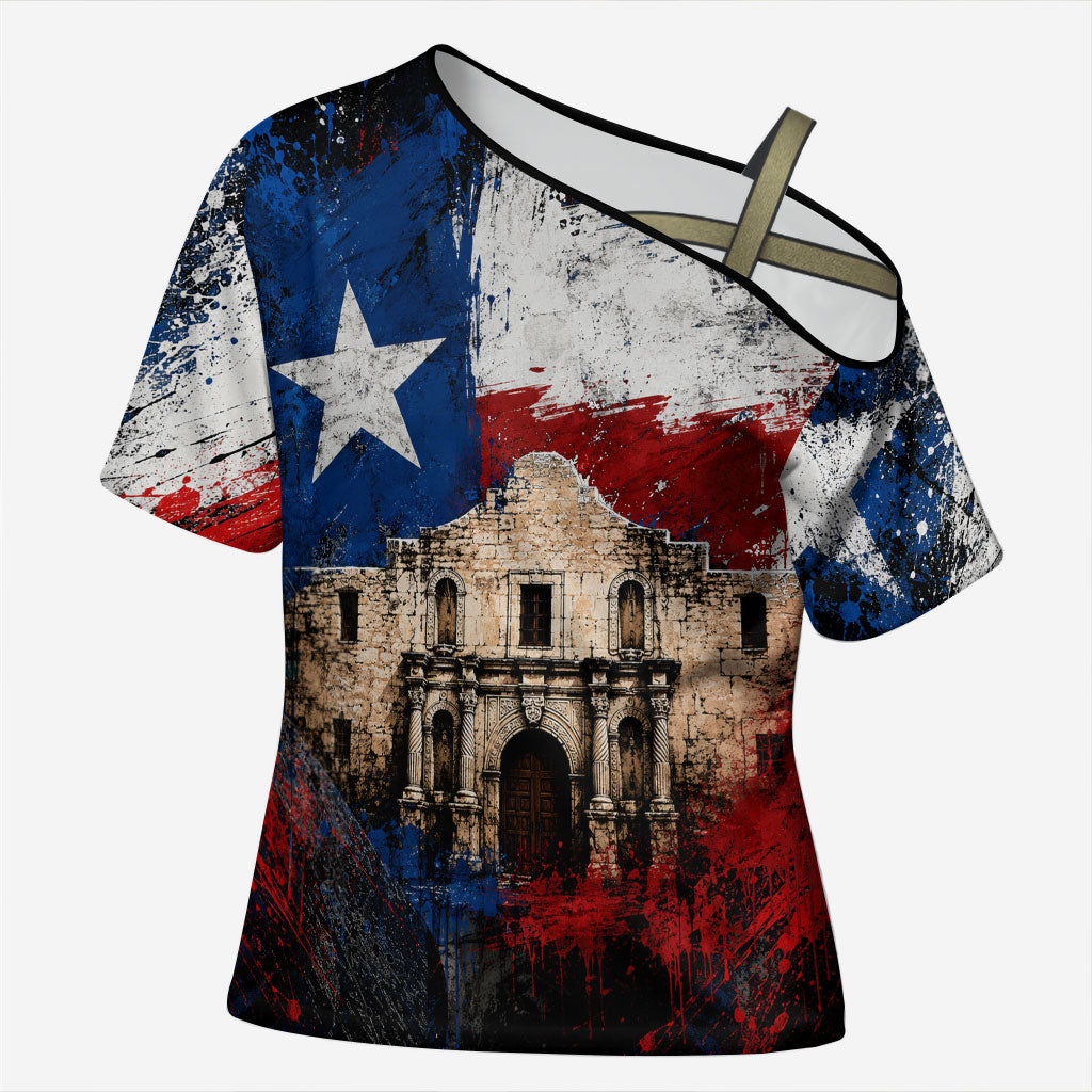 Texas Remember The Alamo Cross Shoulder Shirt Distressed Splatter Paint Texan Pride