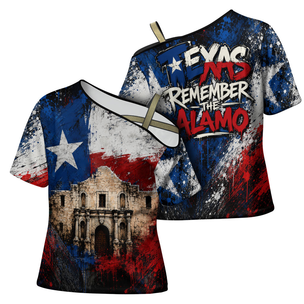 Texas Remember The Alamo Cross Shoulder Shirt Distressed Splatter Paint Texan Pride