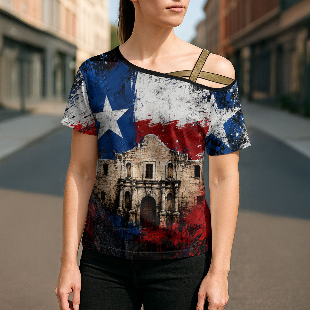 Texas Remember The Alamo Cross Shoulder Shirt Distressed Splatter Paint Texan Pride