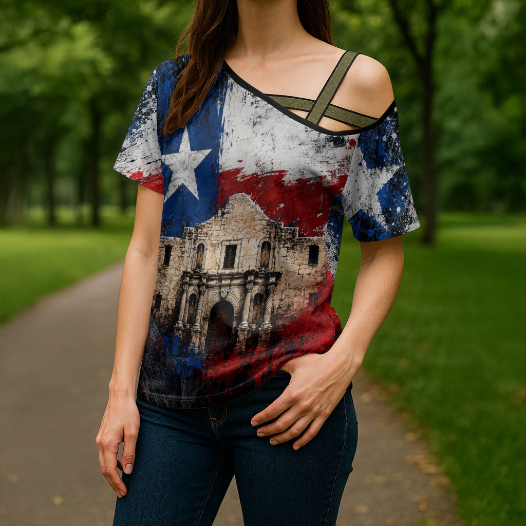 Texas Remember The Alamo Cross Shoulder Shirt Distressed Splatter Paint Texan Pride