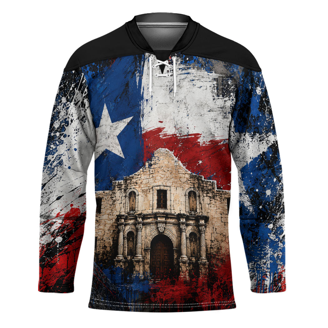 Texas Remember The Alamo Hockey Jersey Distressed Splatter Paint Texan Pride