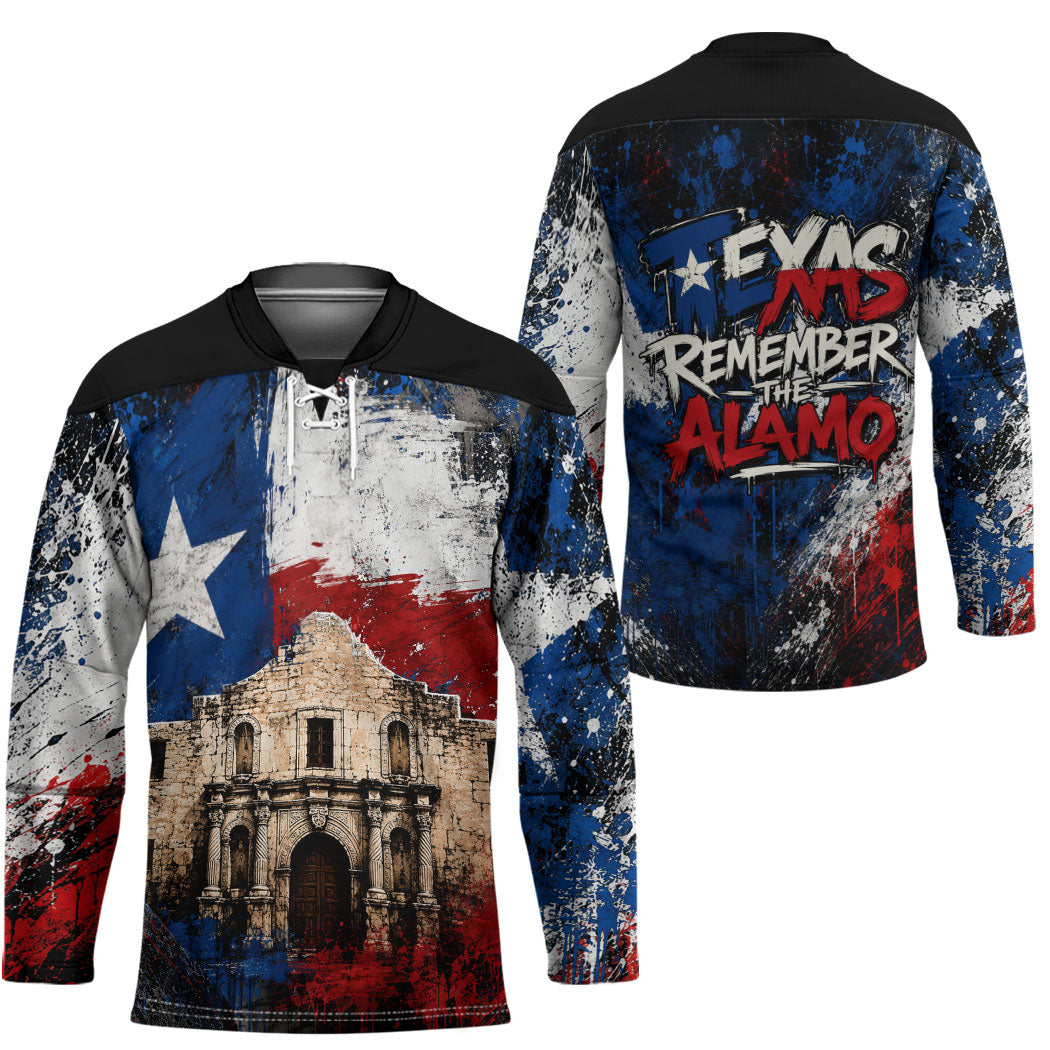 Texas Remember The Alamo Hockey Jersey Distressed Splatter Paint Texan Pride