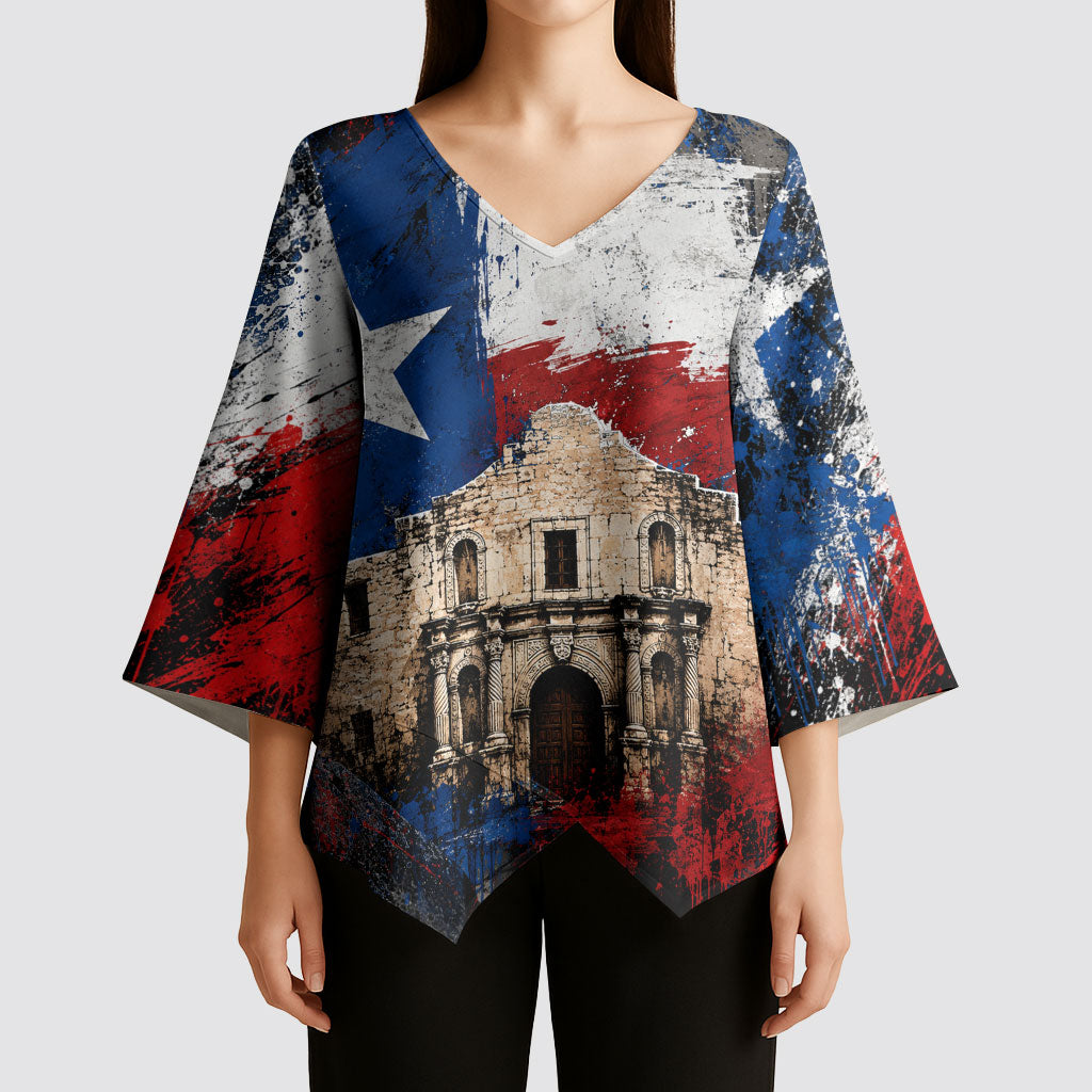 Texas Remember The Alamo Kimono Sleeve Blouse Distressed Splatter Paint Texan Pride