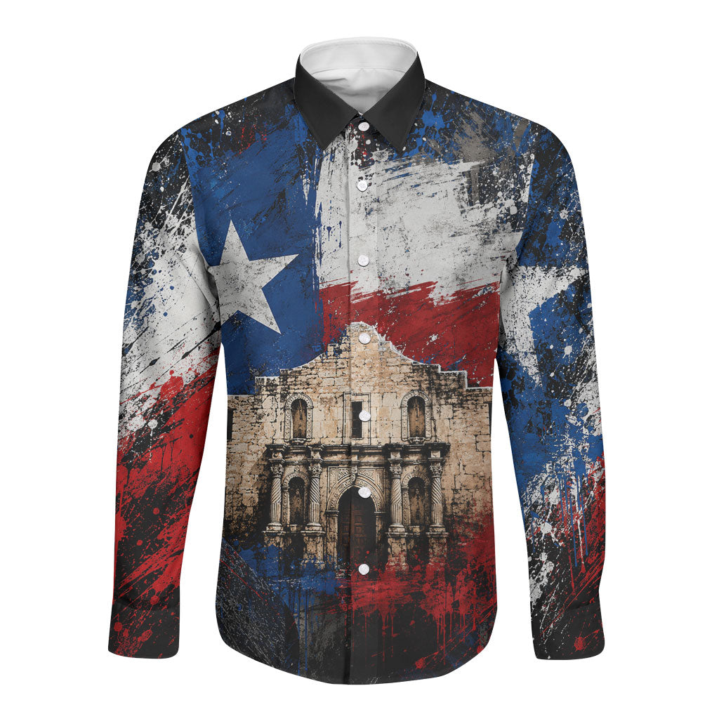 Texas Remember The Alamo Long Sleeve Button Shirt Distressed Splatter Paint Texan Pride