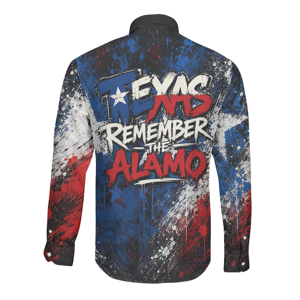 Texas Remember The Alamo Long Sleeve Button Shirt Distressed Splatter Paint Texan Pride