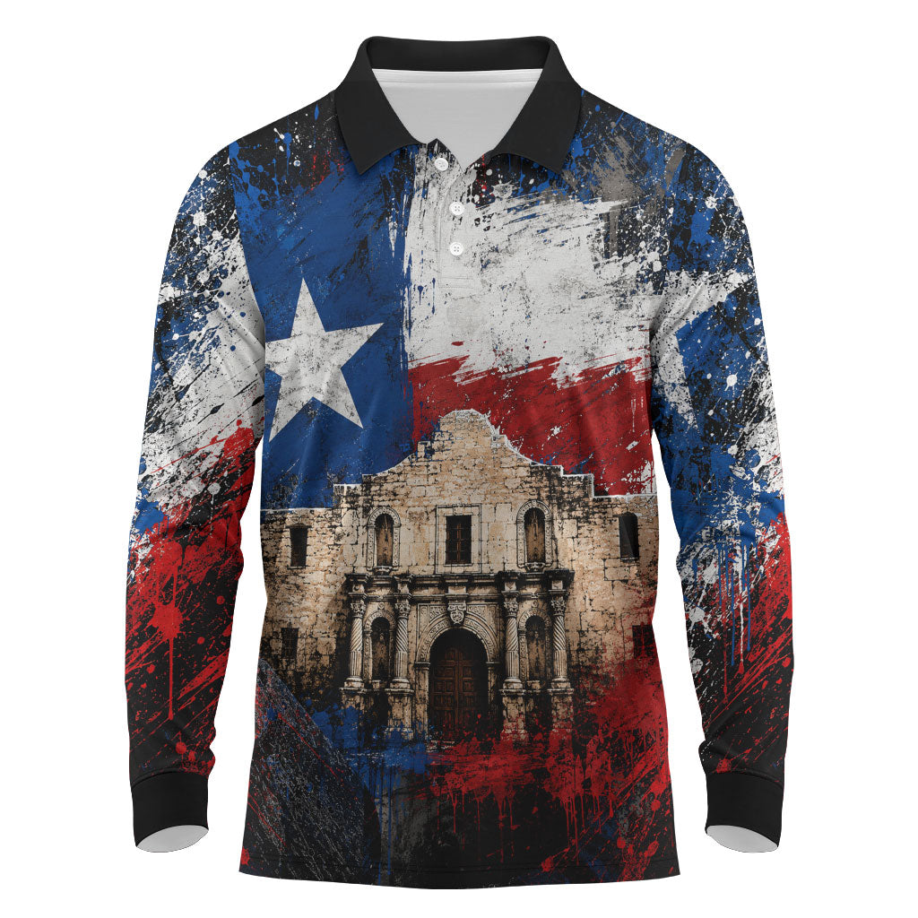 Texas Remember The Alamo Long Sleeve Polo Shirt Distressed Splatter Paint Texan Pride