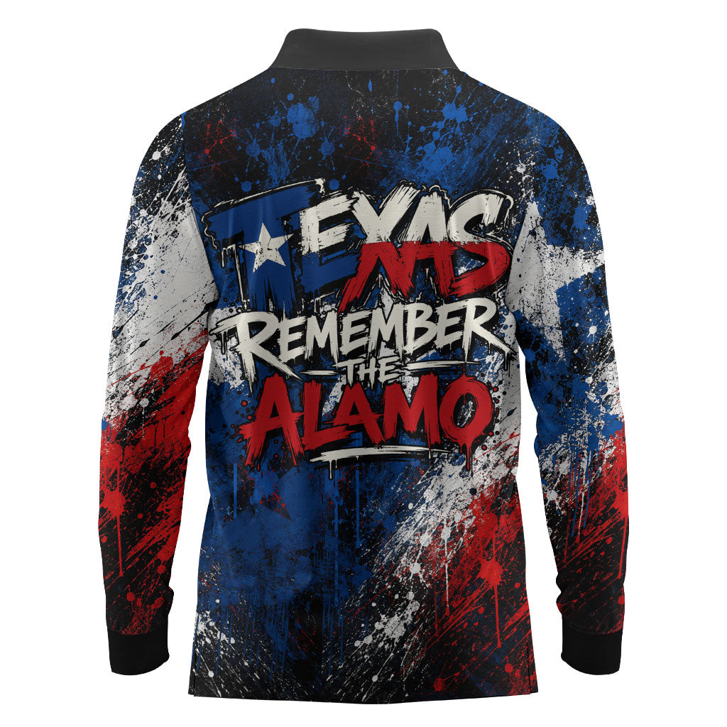 Texas Remember The Alamo Long Sleeve Polo Shirt Distressed Splatter Paint Texan Pride