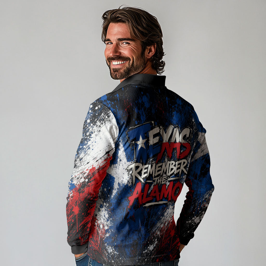 Texas Remember The Alamo Long Sleeve Polo Shirt Distressed Splatter Paint Texan Pride