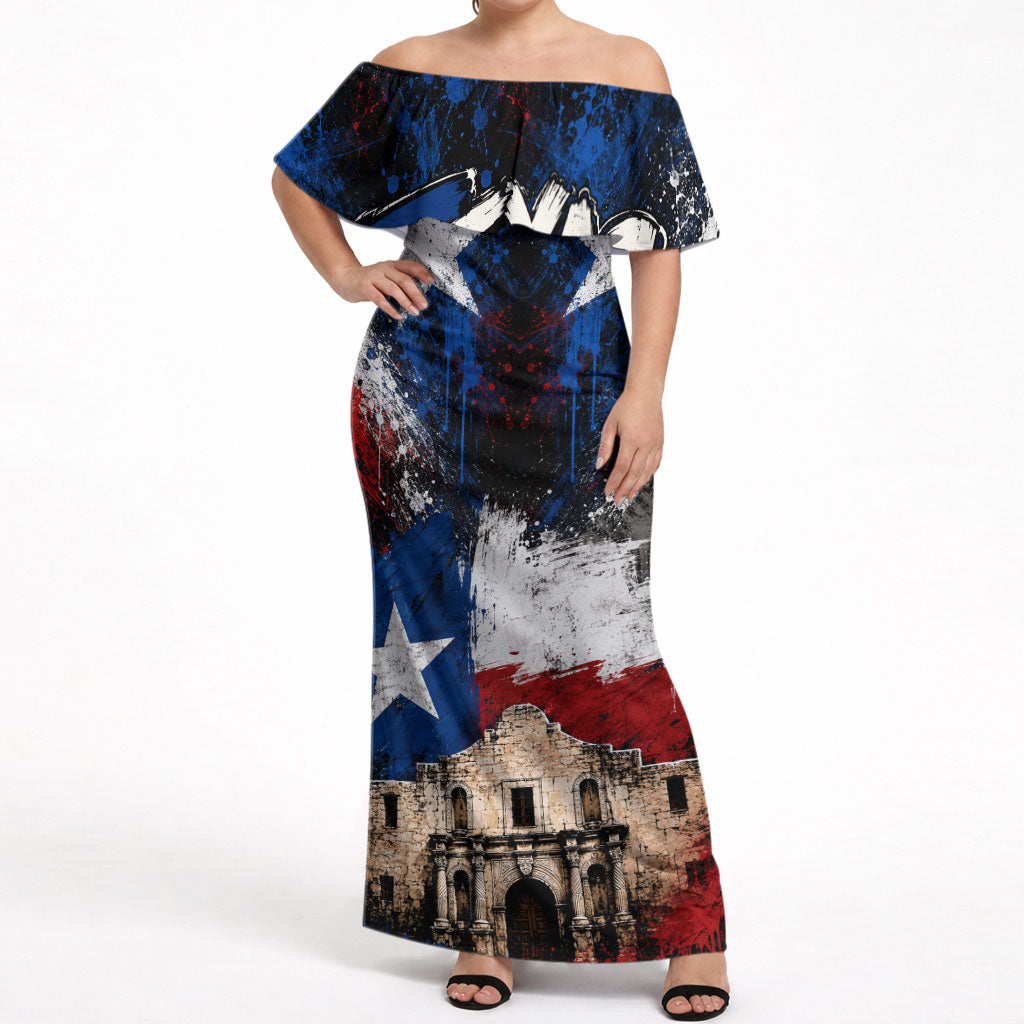 Texas Remember The Alamo Off Shoulder Maxi Dress Distressed Splatter Paint Texan Pride