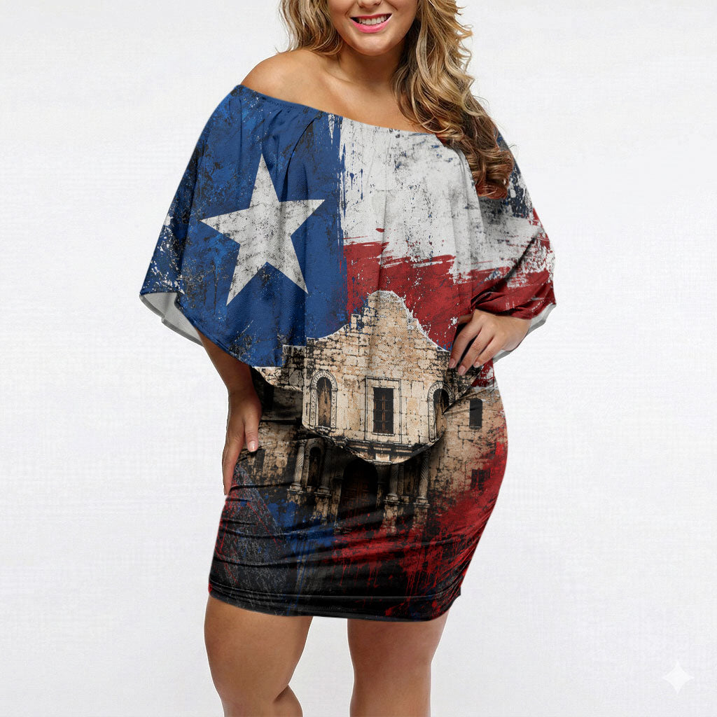 Texas Remember The Alamo Off Shoulder Short Dress Distressed Splatter Paint Texan Pride