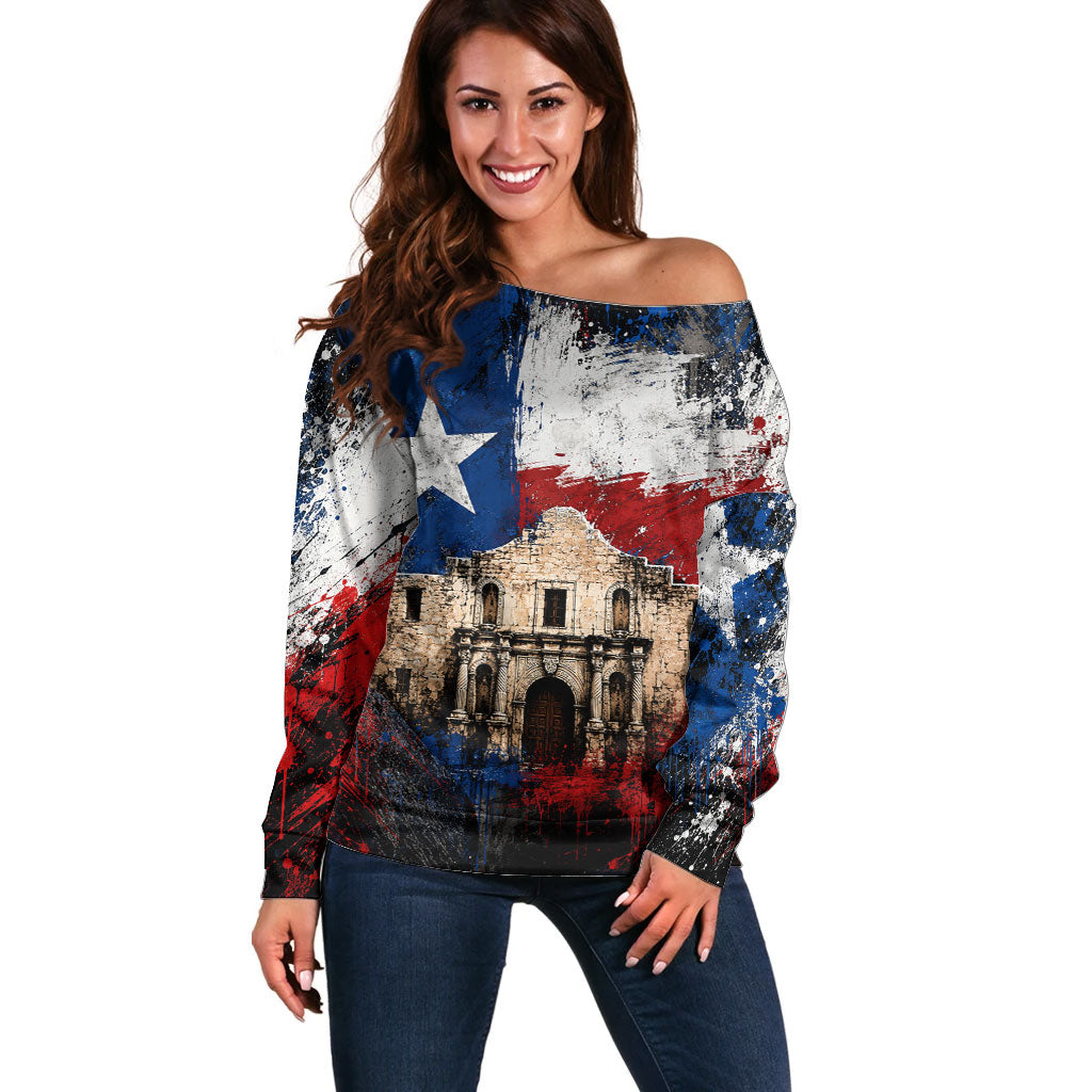 Texas Remember The Alamo Off Shoulder Sweater Distressed Splatter Paint Texan Pride
