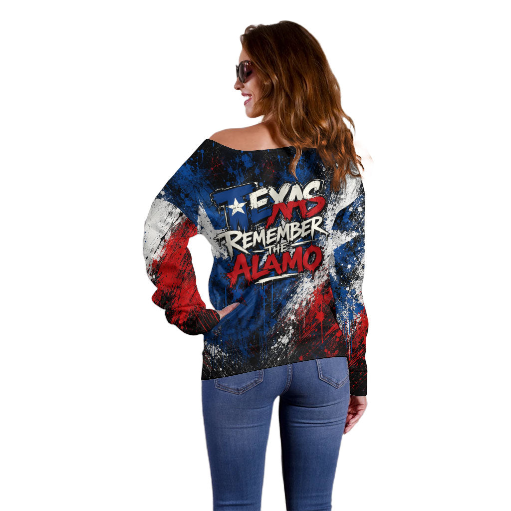 Texas Remember The Alamo Off Shoulder Sweater Distressed Splatter Paint Texan Pride