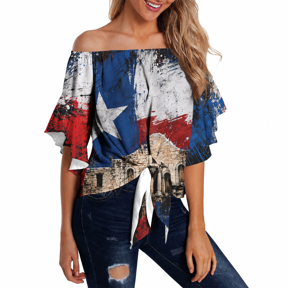 Texas Remember The Alamo Off Shoulder Wrap Waist Top Distressed Splatter Paint Texan Pride