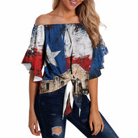 Texas Remember The Alamo Off Shoulder Wrap Waist Top Distressed Splatter Paint Texan Pride